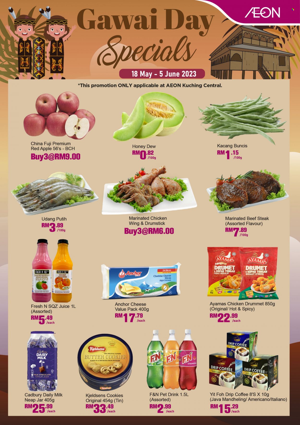 Iklan Aeon - 18.05.2023 - 05.06.2023 - Produk jualan - coklat, oren, strawberi, susu. Halaman 4.