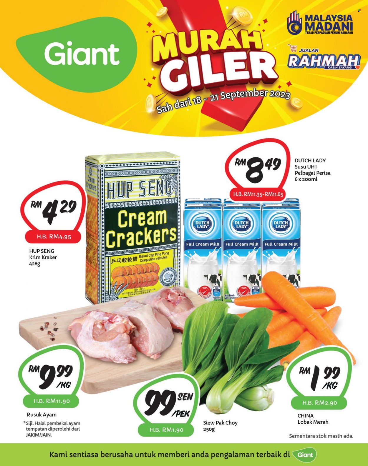 Iklan Giant - 18.09.2023 - 21.09.2023 - Produk jualan - Dutch Lady, biskut, kraker, lobak, lobak merah, pak choy, susu, tempatan. Halaman 1.
